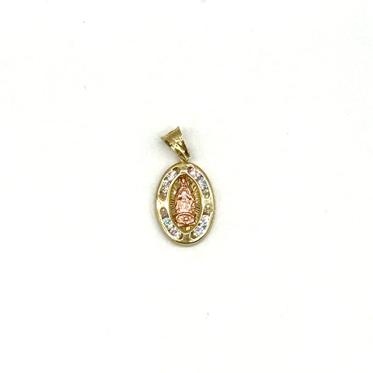 14K Two Tone Gold Virgin Mary Pendant Oval CZ Religious Charm 0.75 Inch 1 Gram