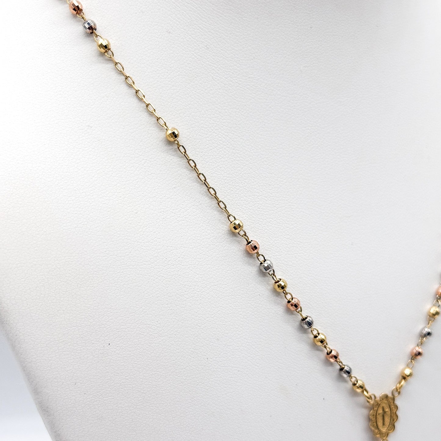 14K Yellow Gold Rosary Necklace 18 Inch 3mm Beaded Rosario 7.3 Grams Cross Pendant