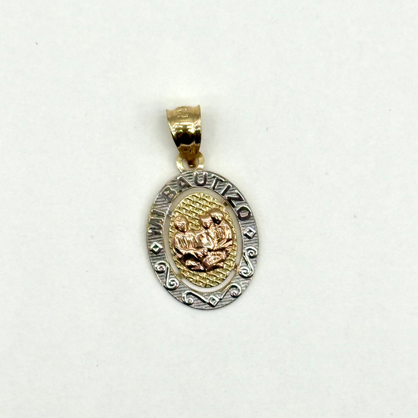 14K Three-Tone Gold Mi Bautizo Oval Pendant 1” Religious Baby Medal 2.2g