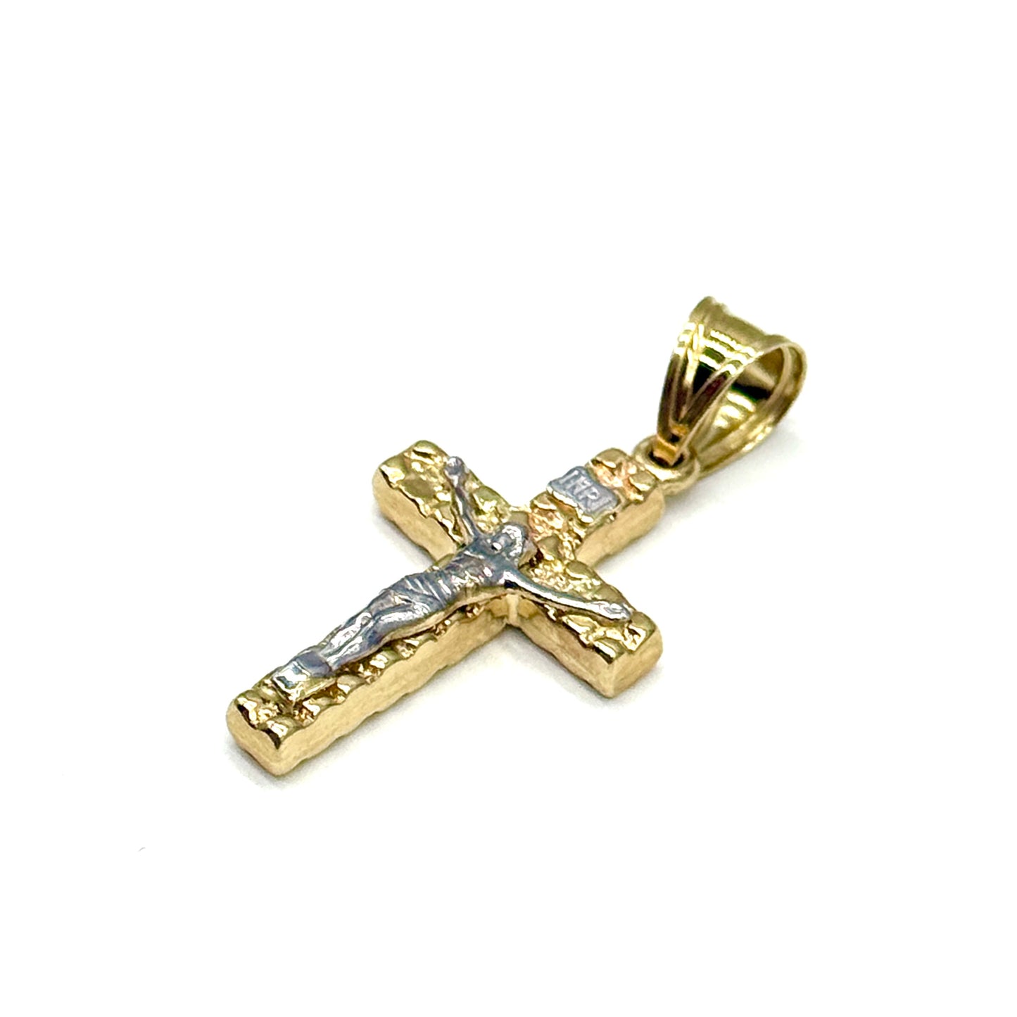 14K Two Tone Gold Nugget Crucifix Pendant 1.4 Inch Textured Religious Cross 1.6 Grams