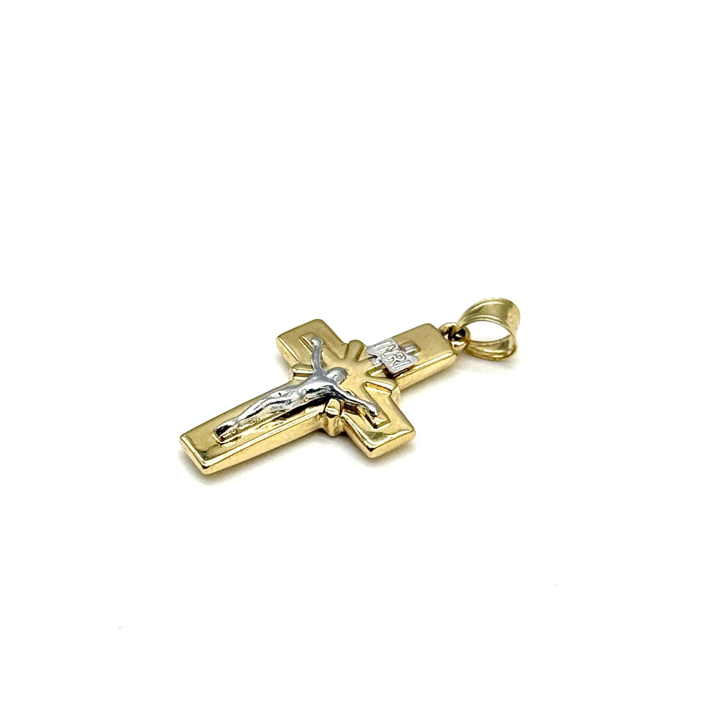 14K Two Tone Gold Crucifix Cross Pendant 1 Inch Religious Charm 0.8 Grams