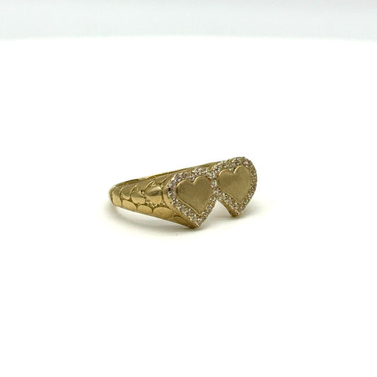 10K Yellow Gold Double Heart Nugget Ring CZ Diamond Cut Size 8.5 3.5g
