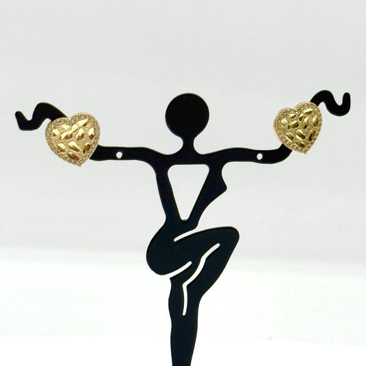 10K Yellow Gold CZ Nugget Heart Earrings 13mm Diamond Cut Studs 2.8g