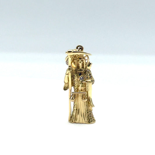 14K Yellow Gold Santa Muerte CZ’s Pendant 2 Inch Solid Gold Religious Charm 9.9 Grams