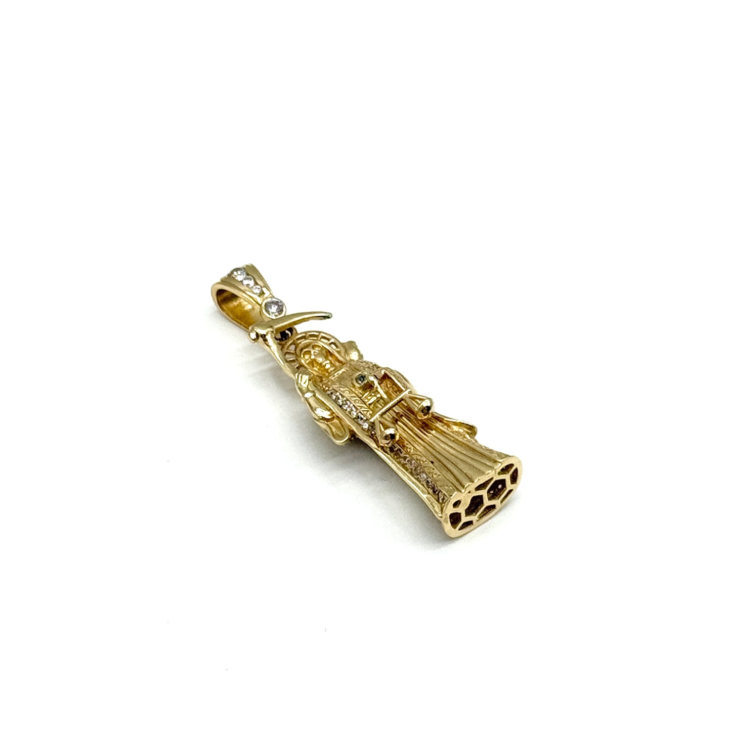 14K Yellow Gold Santa Muerte CZ’s Pendant 2 Inch Solid Gold Religious Charm 9.9 Grams