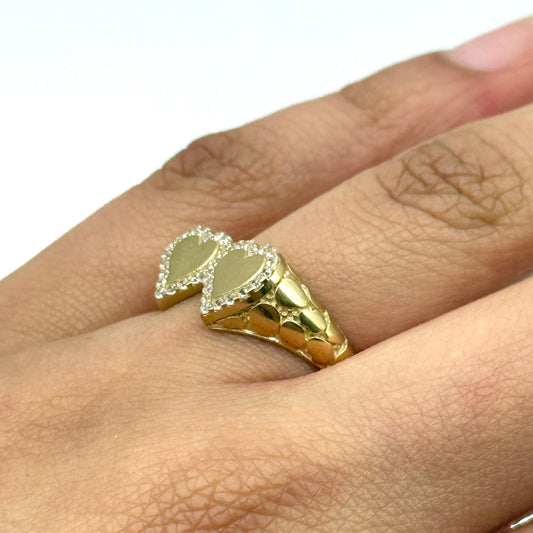 10K Yellow Gold Double Heart Nugget Ring CZ Diamond Cut Size 8.5 3.5g