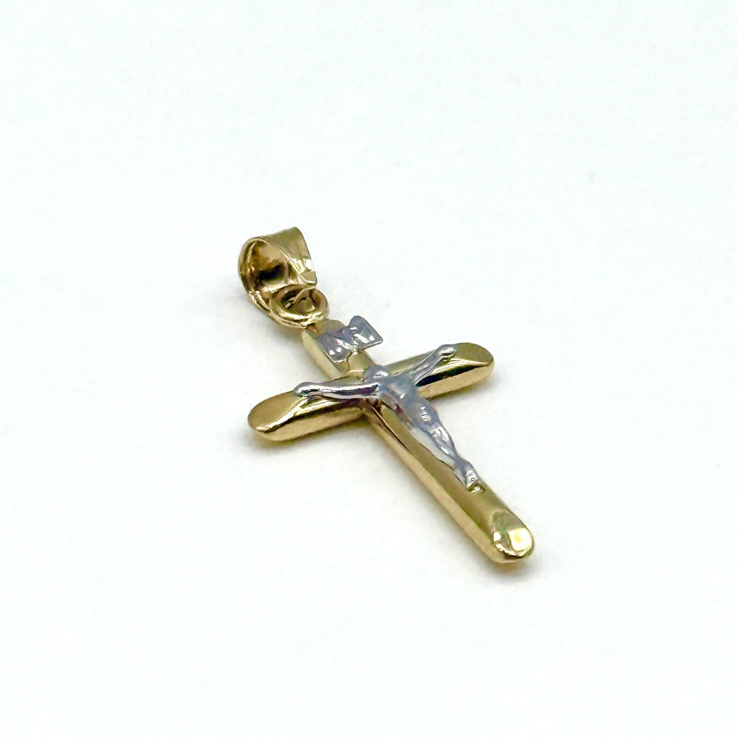 14K Two Tone Gold Crucifix Pendant 1 Inch Religious Cross 0.6 Grams