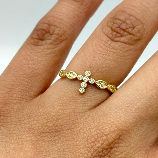 14K Yellow Gold CZ Cross Ring Size 8 Dainty Religious Band 1.5 Grams