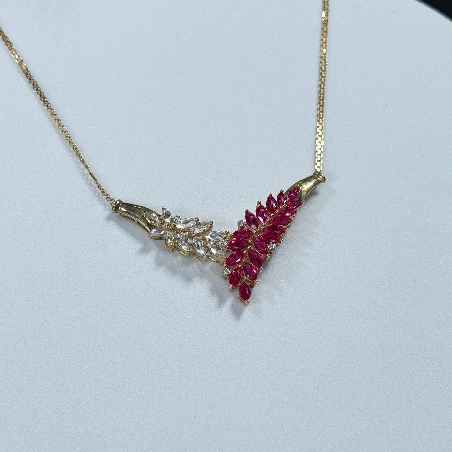10K Yellow Gold Necklace with Red & White CZ Stones