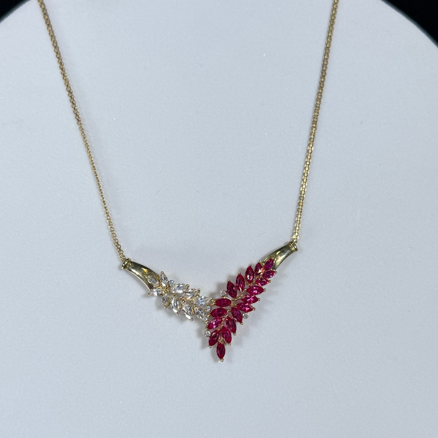 10K Yellow Gold Necklace with Red & White CZ Stones
