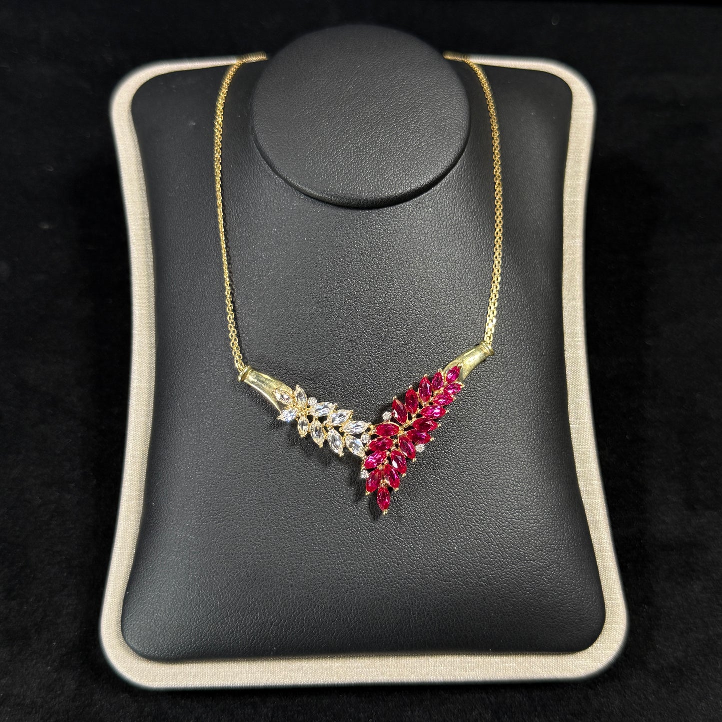 10K Yellow Gold Necklace with Red & White CZ Stones