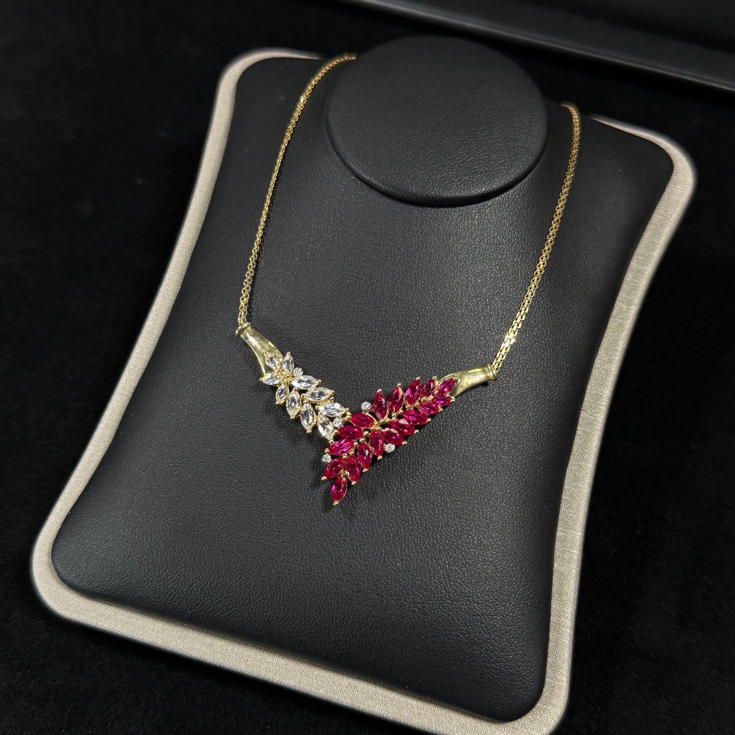 10K Yellow Gold Necklace with Red & White CZ Stones