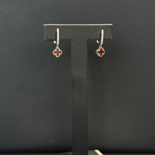 18K White Gold Red Clover Flower Earrings