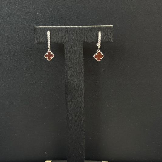 18K White Gold Red Clover Flower Earrings