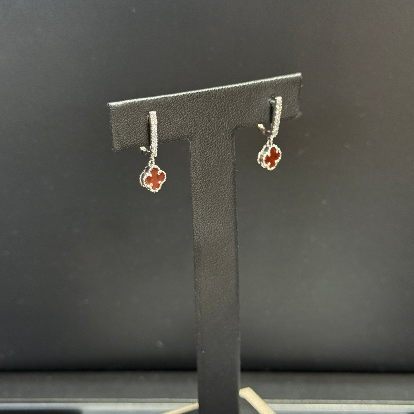 18K White Gold Red Clover Flower Earrings