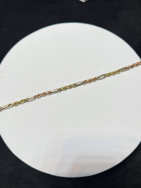 14K Yellow Gold Three Tone Figarope Bracelet 8"