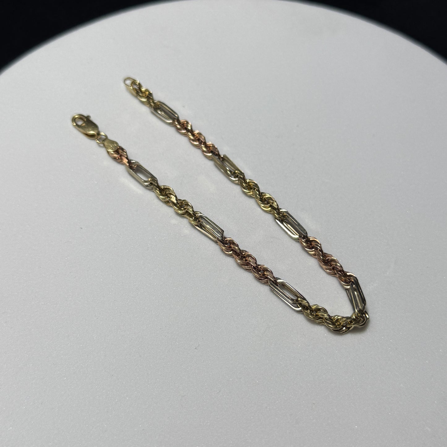 14K Yellow Gold Three Tone Figarope Bracelet 8"