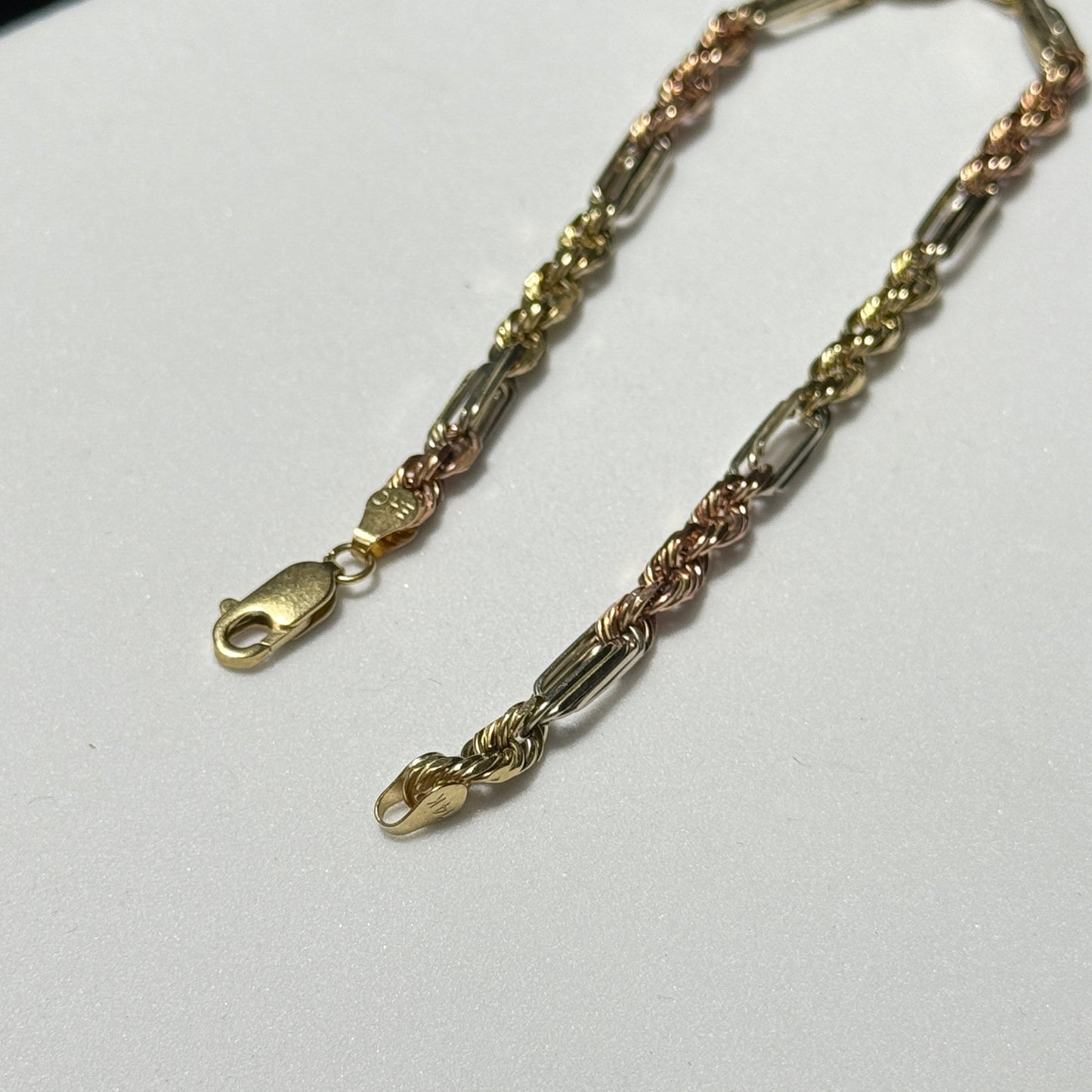 14K Yellow Gold Three Tone Figarope Bracelet 8"