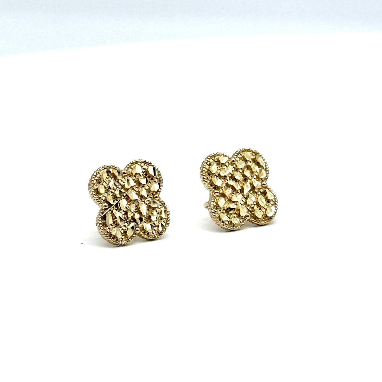 14K Yellow Gold Clover Nugget Stud Earrings 11mm Textured Gold Studs 2.4 Grams
