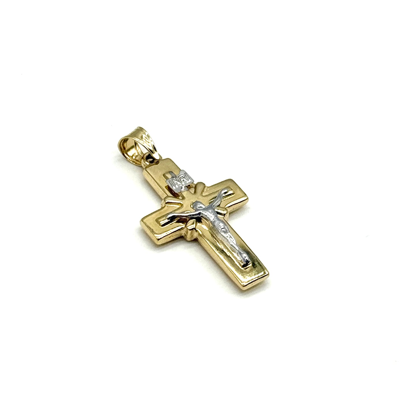14K Two Tone Gold Crucifix Cross Pendant 1 Inch Religious Charm 0.8 Grams
