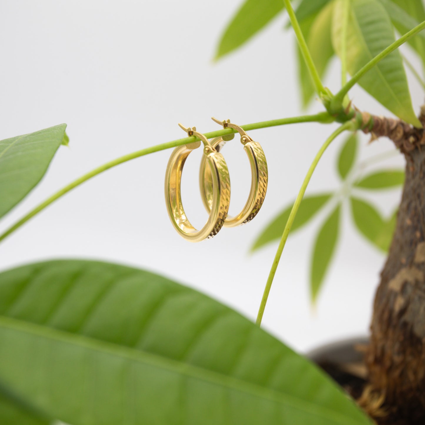 14K Yellow Gold Thick Texture Oval Hoops