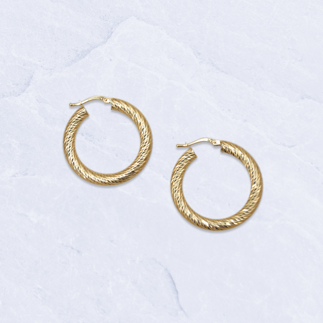 14K Yellow Gold Thick Swirl Texture Hoops