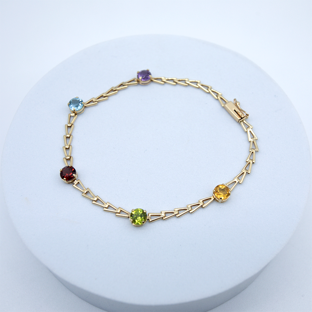 14K Yellow Gold Colorful Round Stone Bracelet