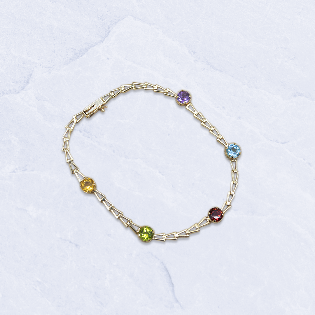 14K Yellow Gold Colorful Round Stone Bracelet