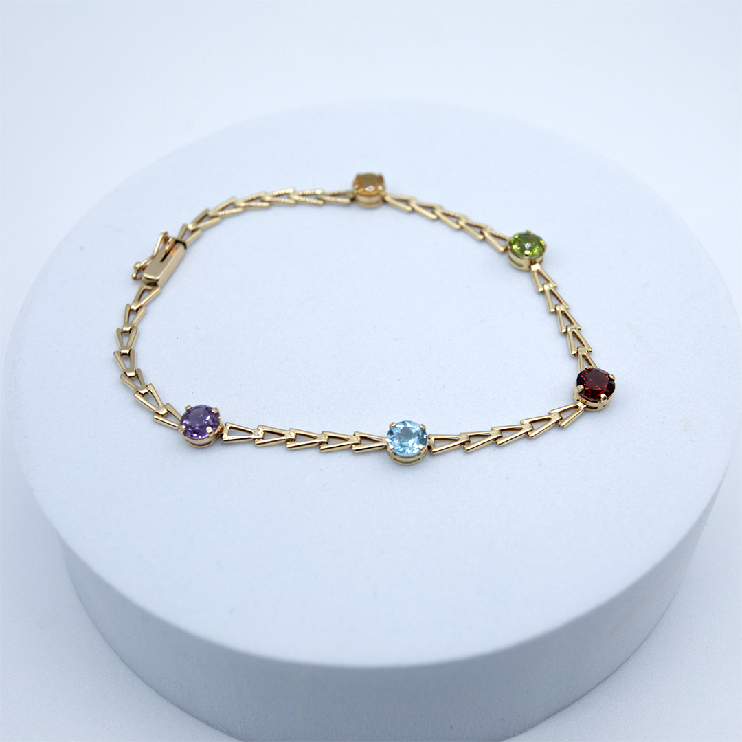 14K Yellow Gold Colorful Round Stone Bracelet