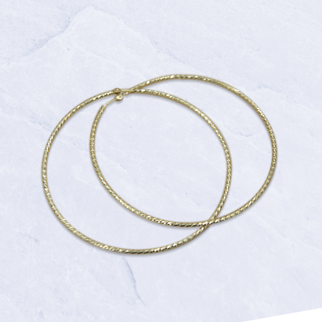 14K Yellow Gold Large Thin Swirl Cut Hoops