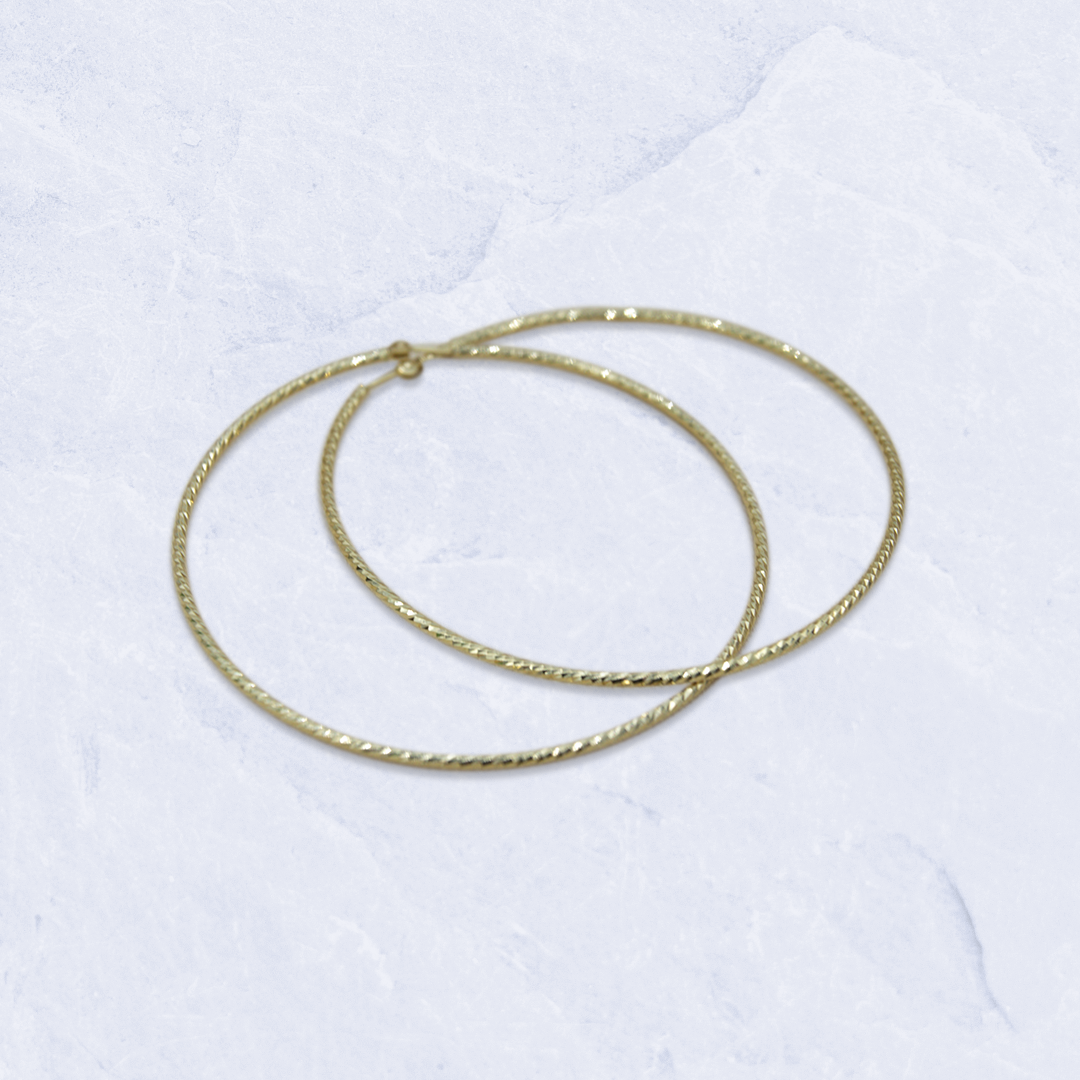 14K Yellow Gold Large Thin Swirl Cut Hoops