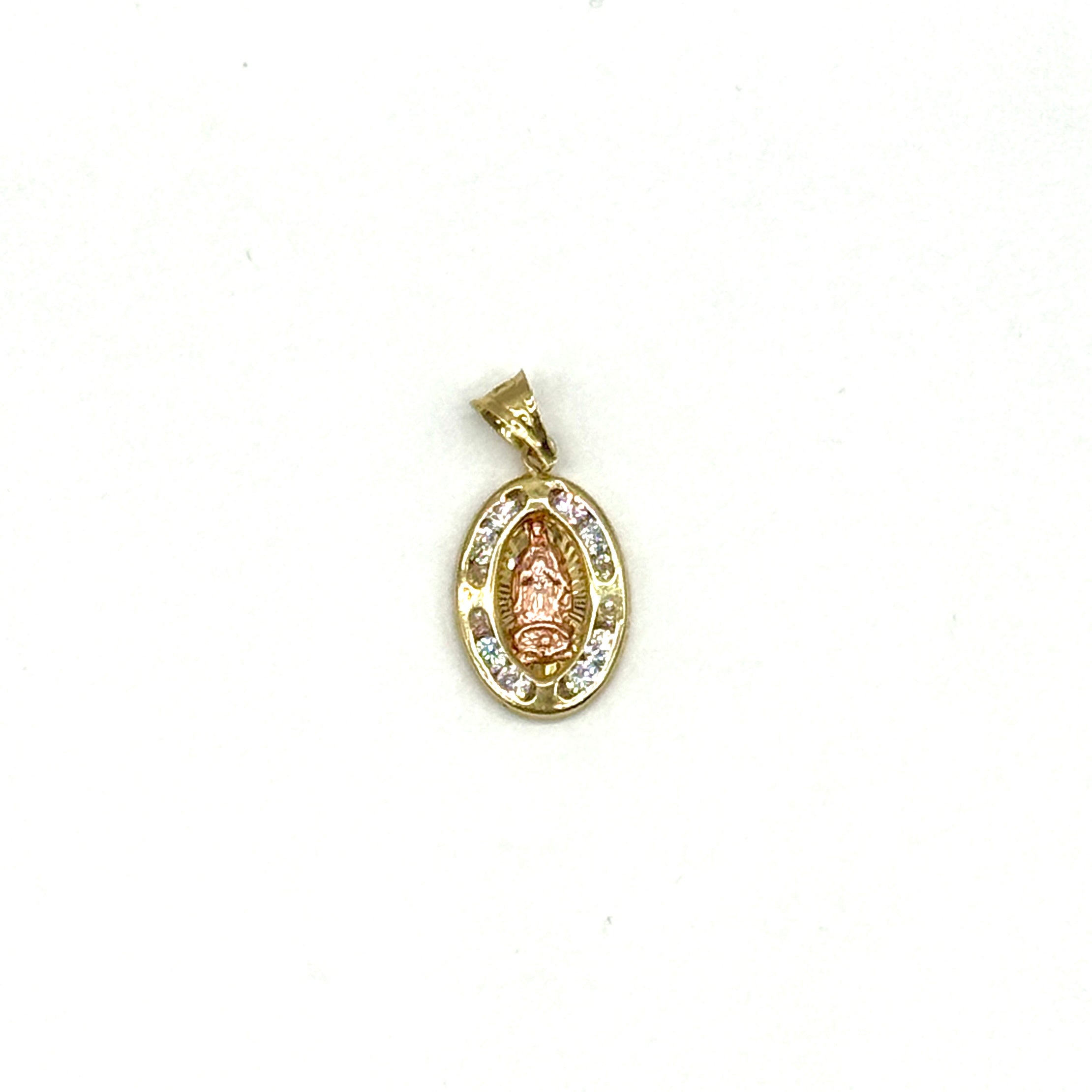 14K Two Tone Gold Virgin Mary Pendant Oval CZ Religious Charm 0.75 Inch 1 Gram