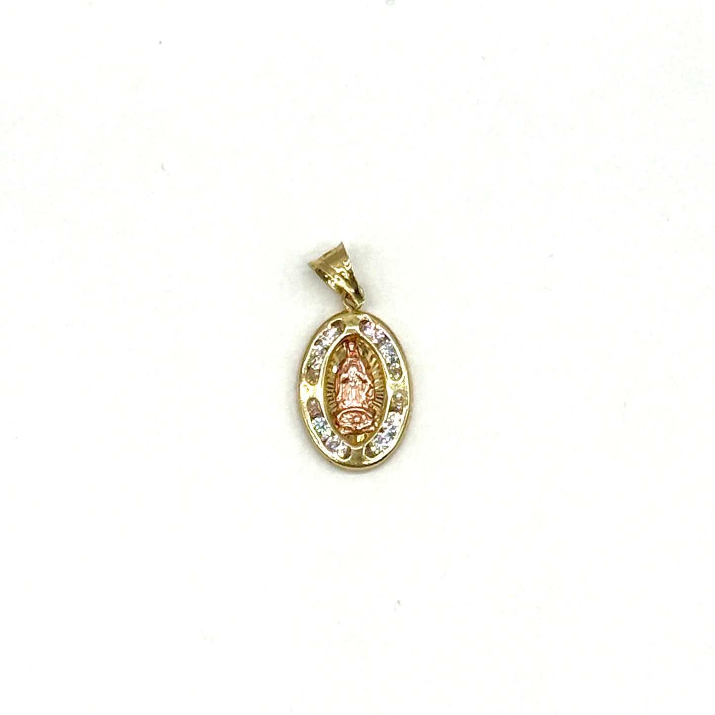 14K Two Tone Gold Virgin Mary Pendant Oval CZ Religious Charm 0.75 Inch 1 Gram