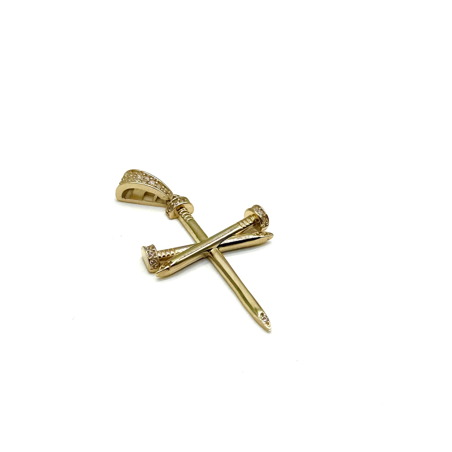 14K Yellow Gold CZ Cross Pendant with Nails 1.75 Inch Religious Crucifix Style Charm 2.8 Grams