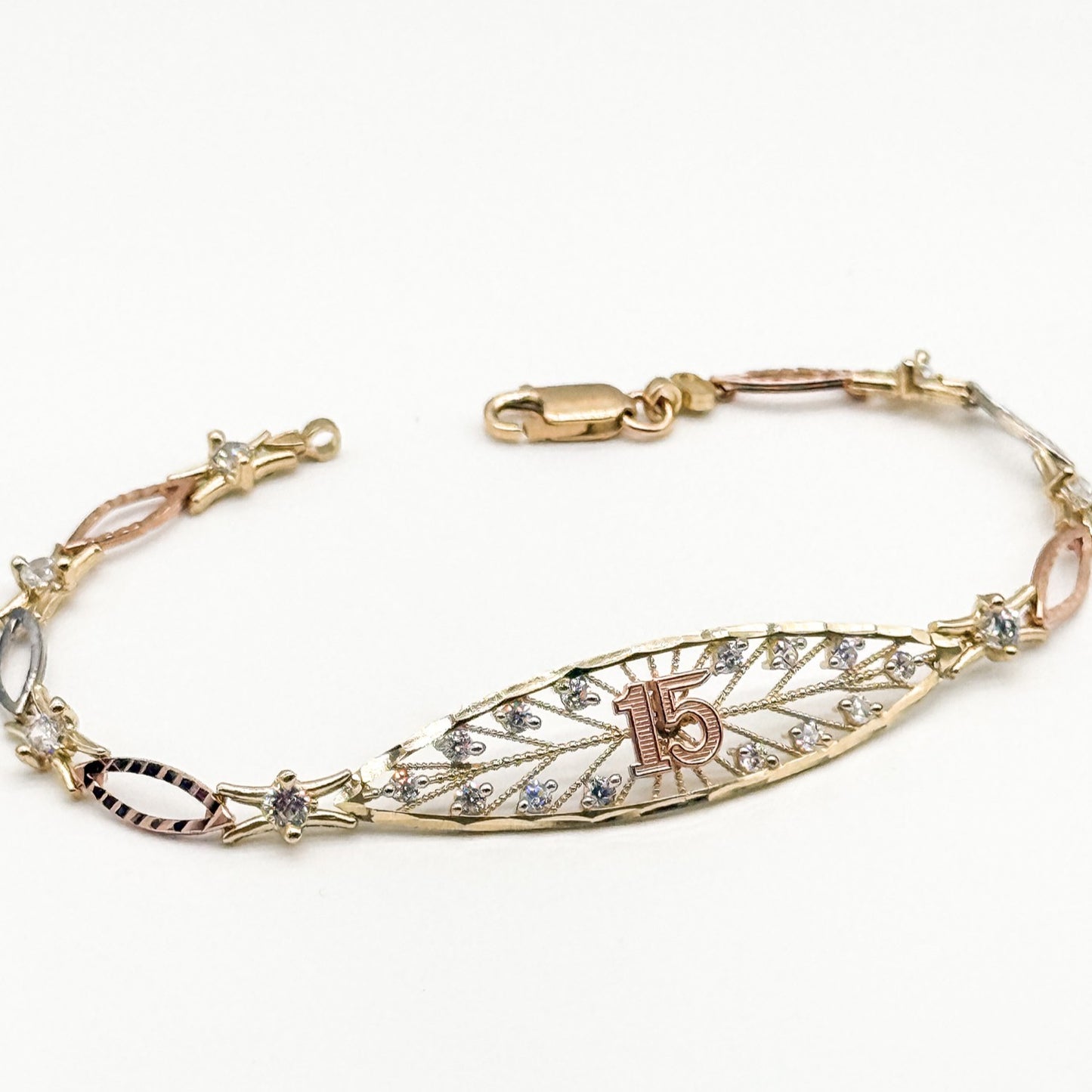 14K Three Tone Gold 15 Años Quinceanera Bracelet CZ 7.5 Inch Bracelet
