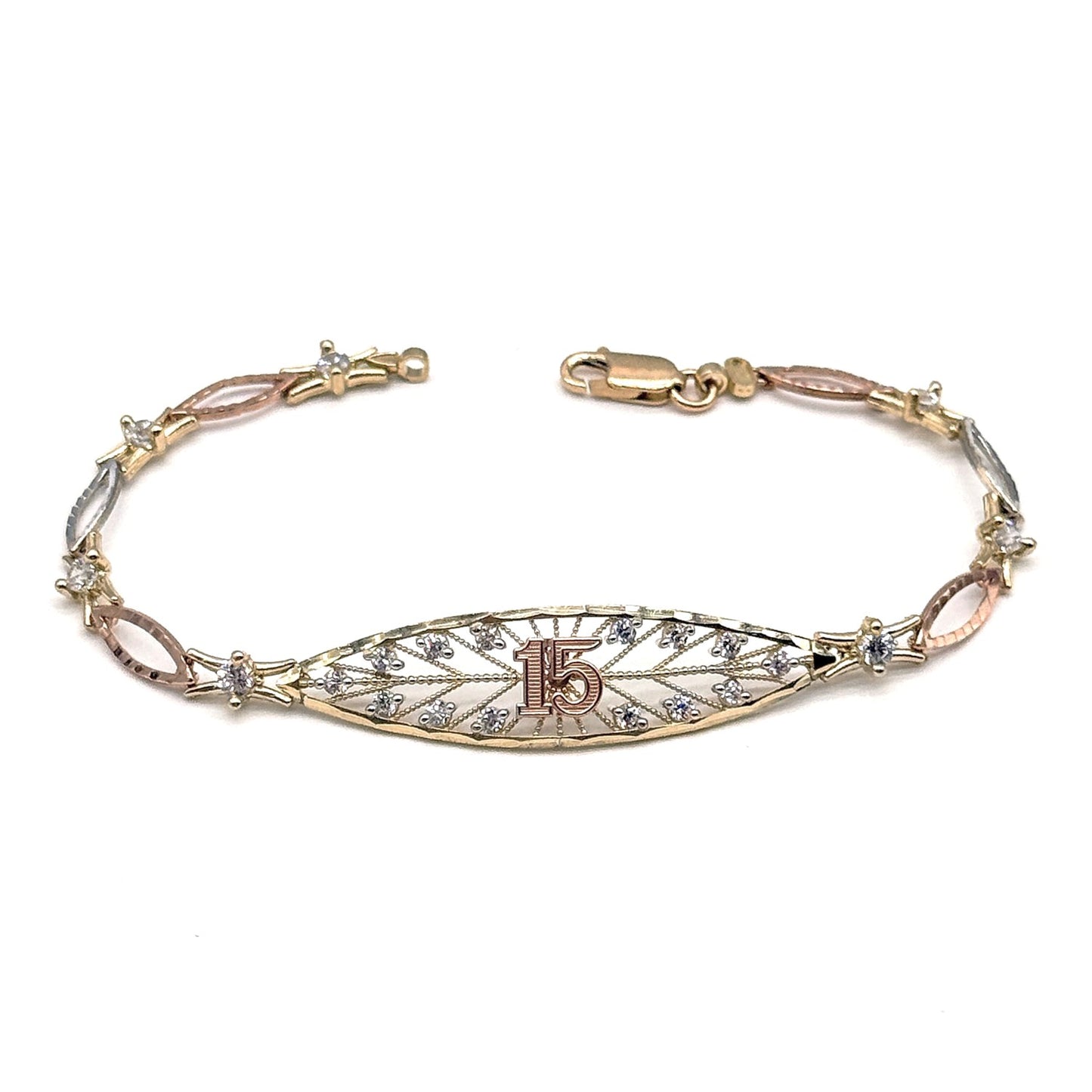 14K Three Tone Gold 15 Años Quinceanera Bracelet CZ 7.5 Inch Bracelet