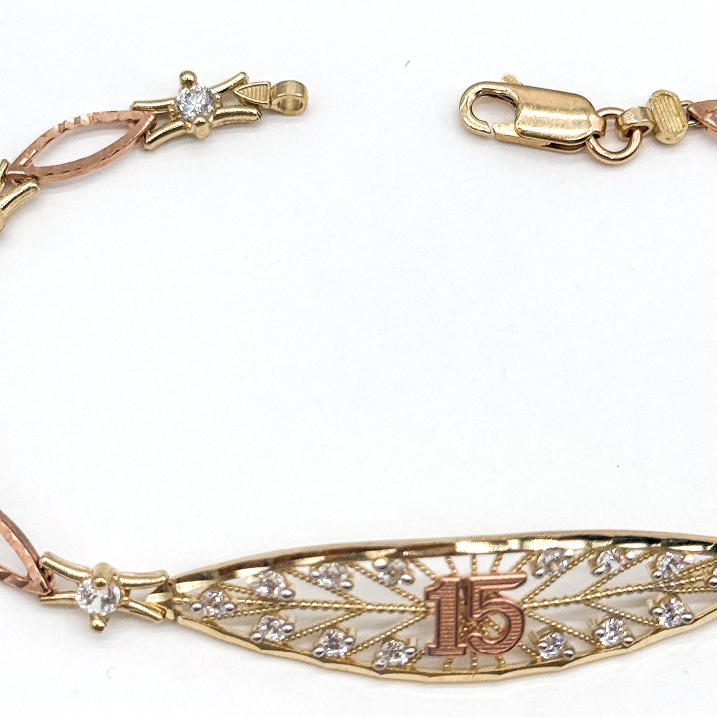 14K Three Tone Gold 15 Años Quinceanera Bracelet CZ 7.5 Inch Bracelet