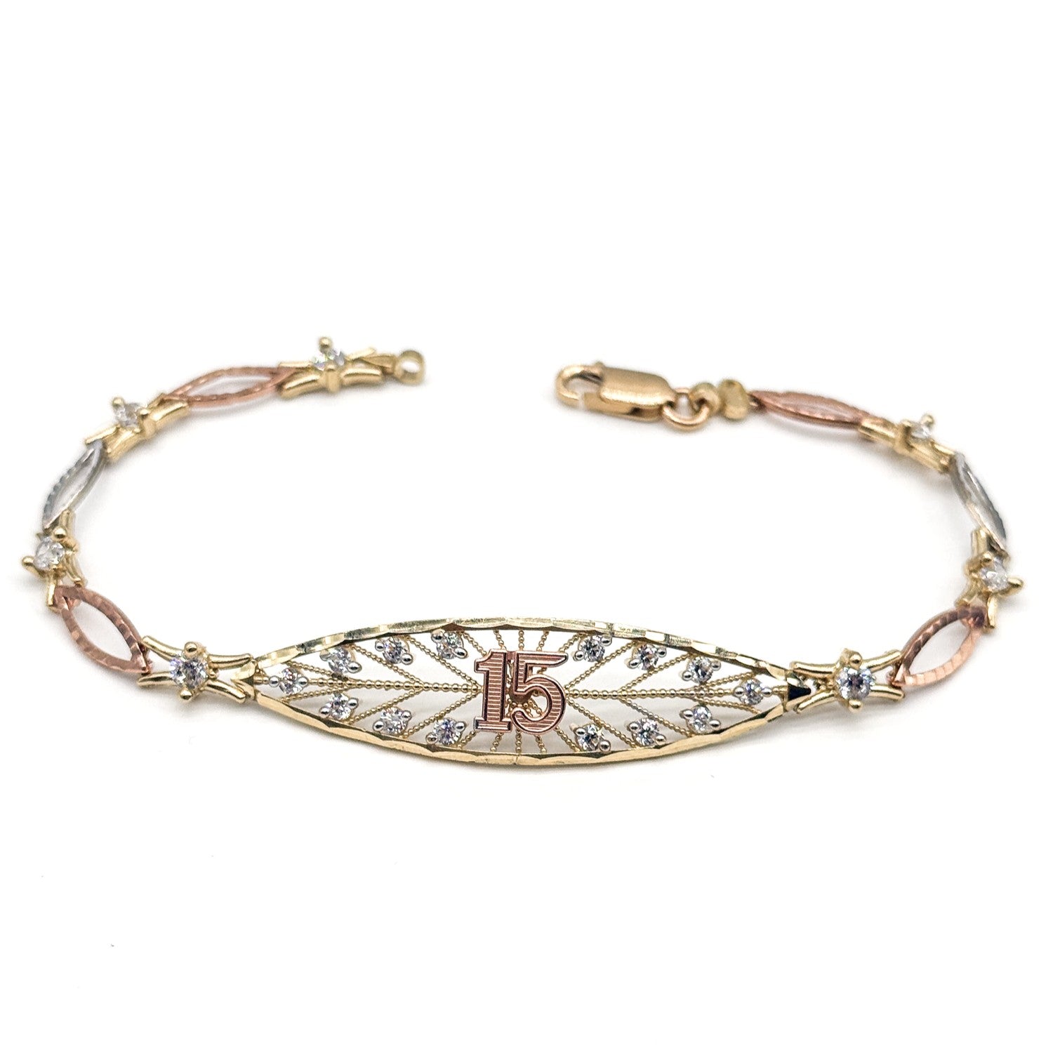 14K Three Tone Gold 15 Años Quinceanera Bracelet CZ 7.5 Inch Bracelet