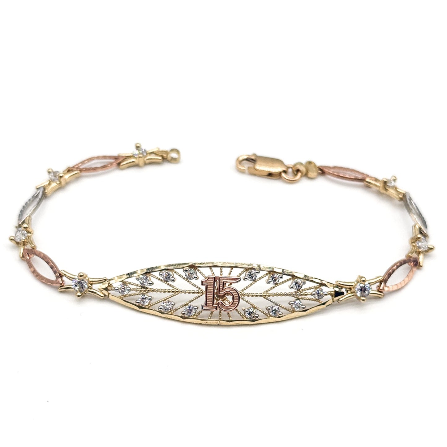 14K Three Tone Gold 15 Años Quinceanera Bracelet CZ 7.5 Inch Bracelet