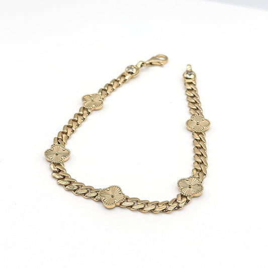 14K Yellow Gold Clover Curb Bracelet 7.5 Inch Solid Gold 8 Grams