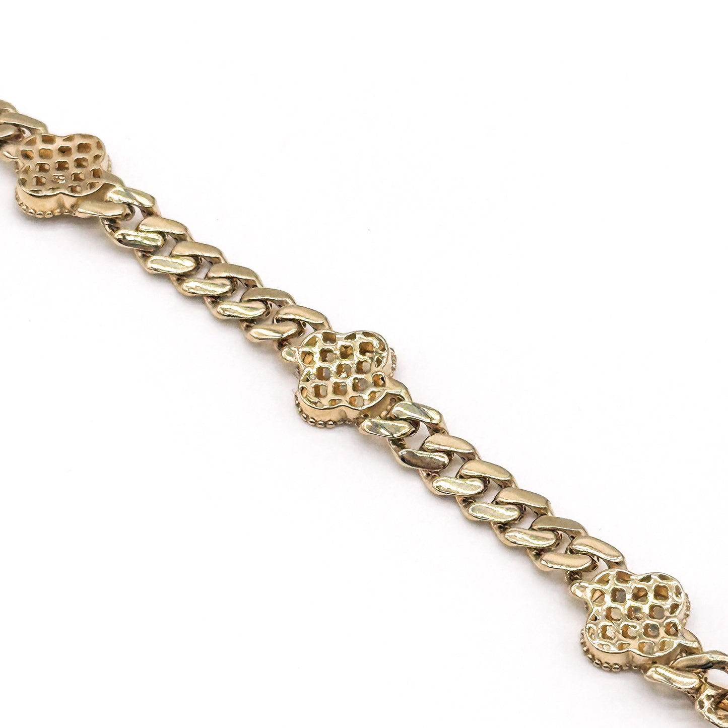 14K Yellow Gold Clover Curb Bracelet 7.5 Inch Solid Gold 8 Grams