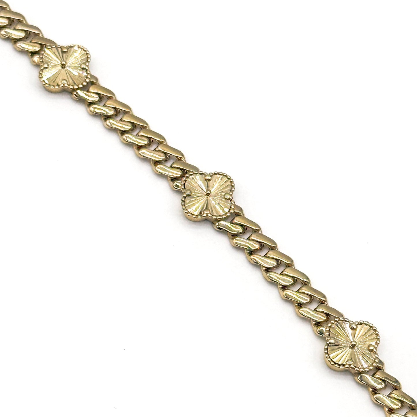 14K Yellow Gold Clover Curb Bracelet 7.5 Inch Solid Gold 8 Grams