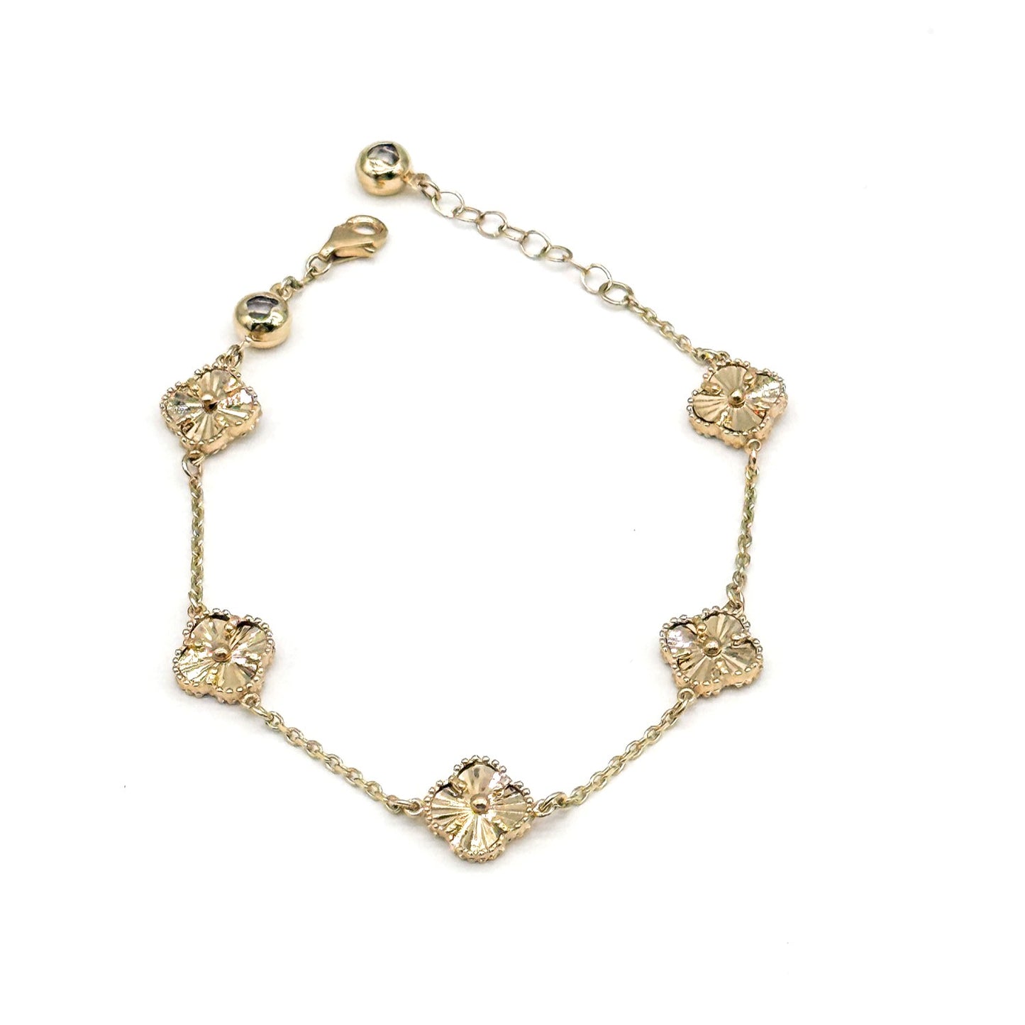 14K Yellow Gold Clover Bracelet 7.5 Inch Dainty 5.3 Grams Station Style