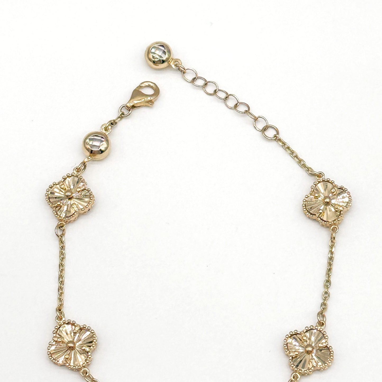 14K Yellow Gold Clover Bracelet 7.5 Inch Dainty 5.3 Grams Station Style