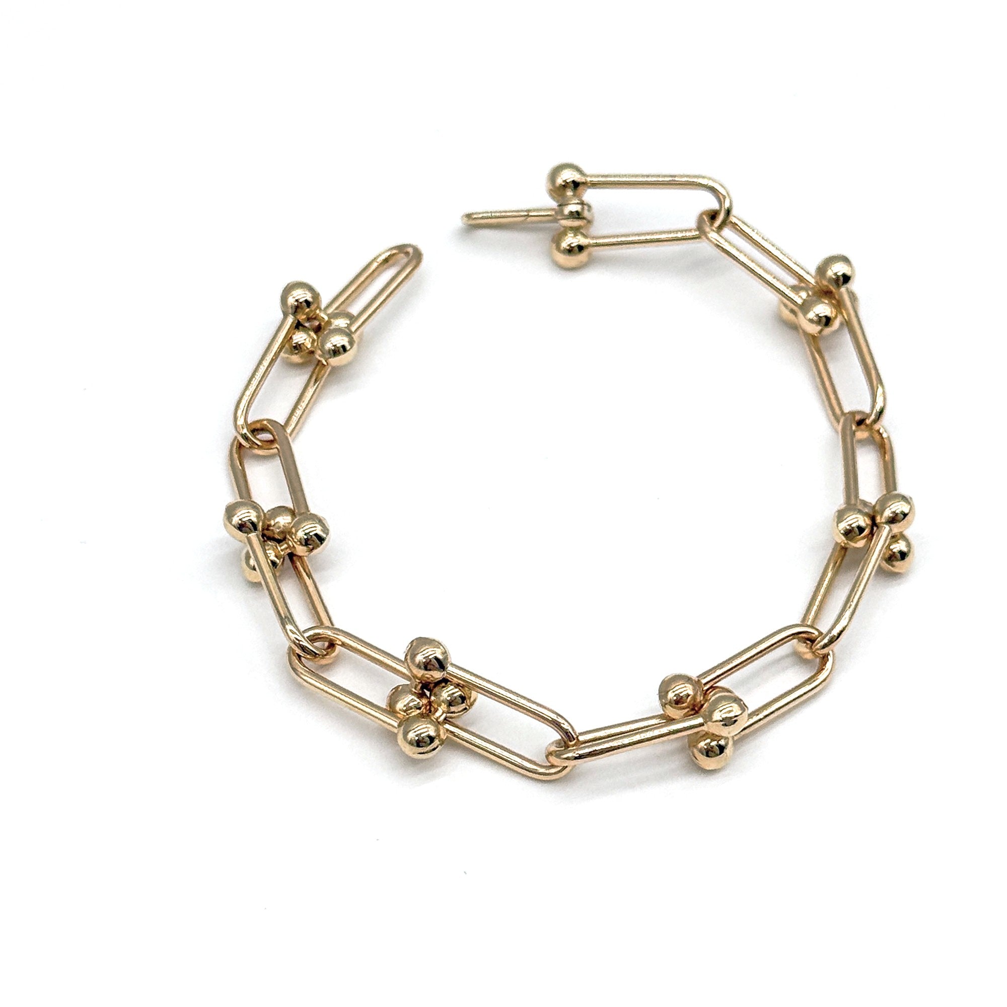 14K Yellow Gold Hardware Link Bracelet 7 Inch Hidden Clasp 5.1 Grams Modern Link Style