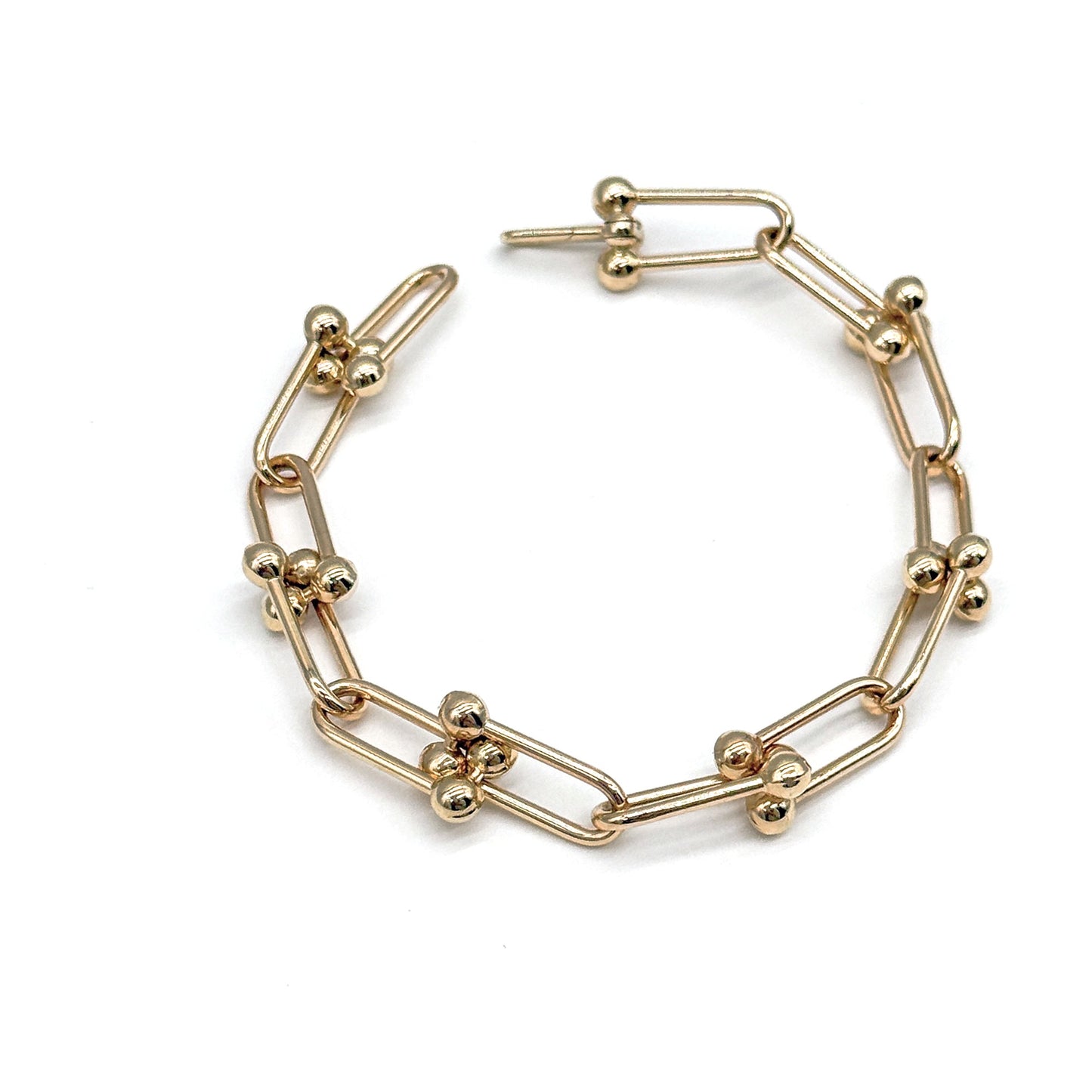 14K Yellow Gold Hardware Link Bracelet 7 Inch Hidden Clasp 5.1 Grams Modern Link Style