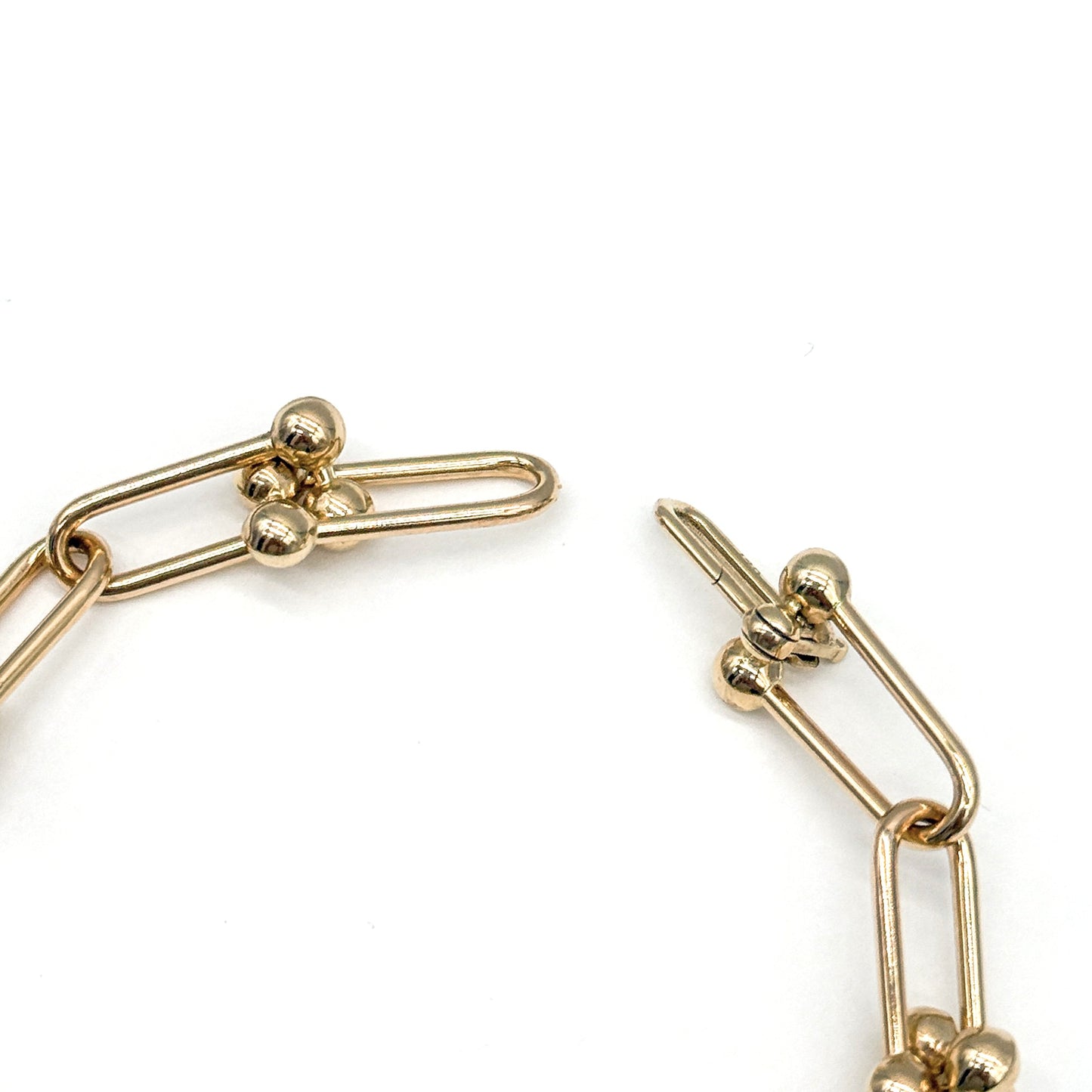 14K Yellow Gold Hardware Link Bracelet 7 Inch Hidden Clasp 5.1 Grams Modern Link Style