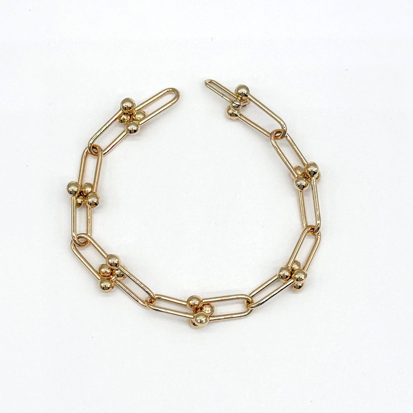 14K Yellow Gold Hardware Link Bracelet 7 Inch Hidden Clasp 5.1 Grams Modern Link Style