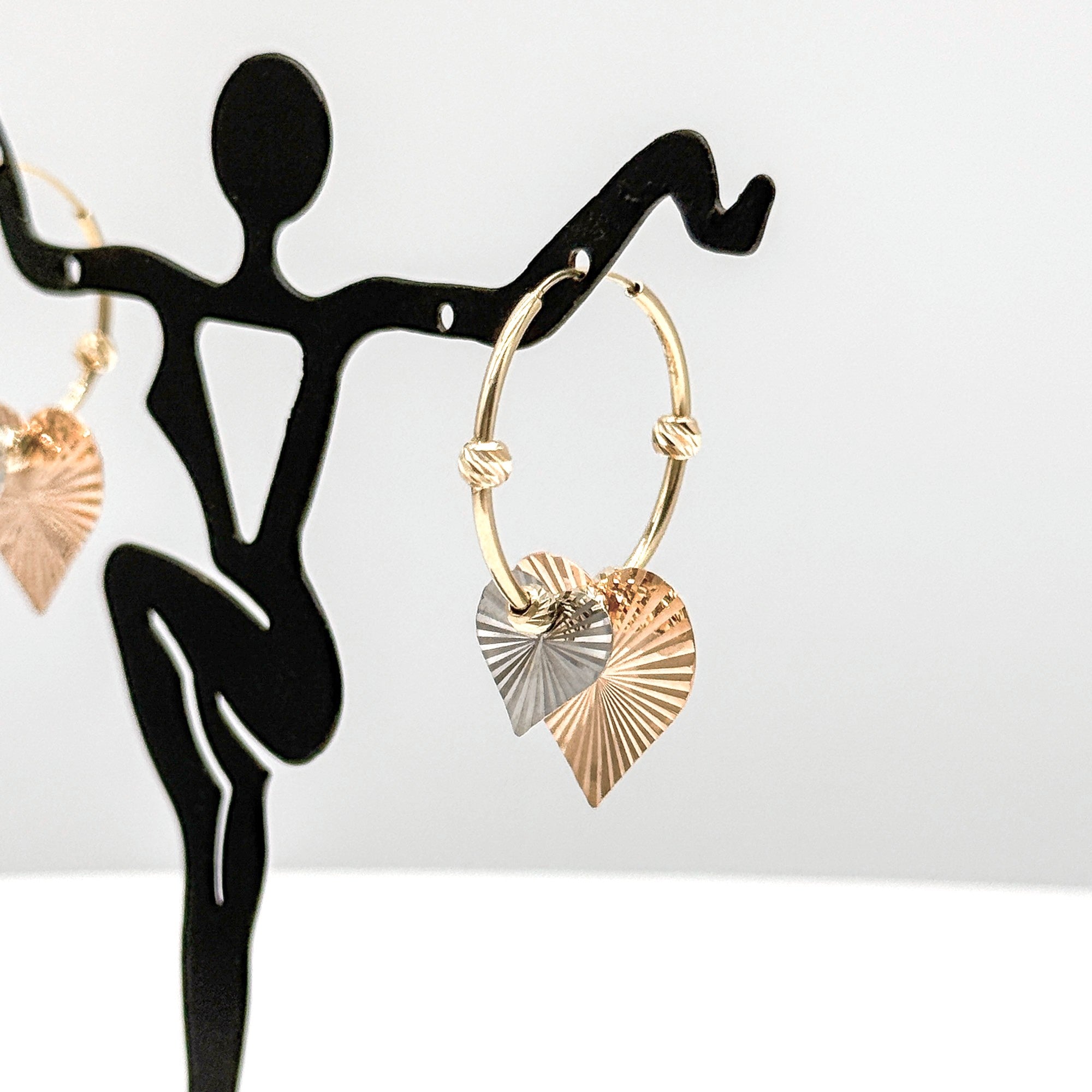 14K Three Tone Gold Heart Hoop Earrings Dangling Heart Charms 3.2 Grams