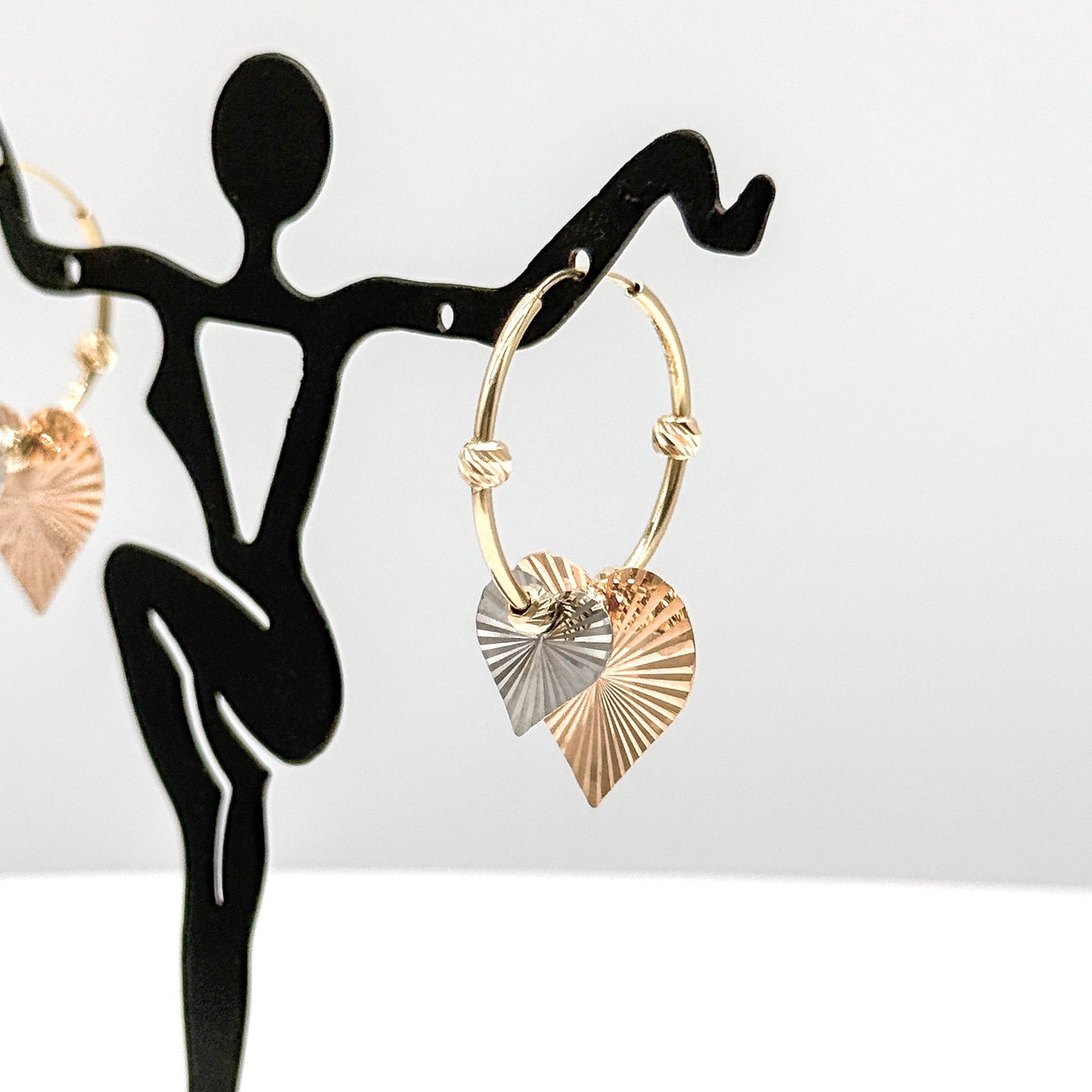 14K Three Tone Gold Heart Hoop Earrings Dangling Heart Charms 3.2 Grams